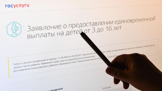 Экран монитора с заявлением о предоставлении единовременной выплаты на детей от 3 до 16 лет на портале Госуслуг