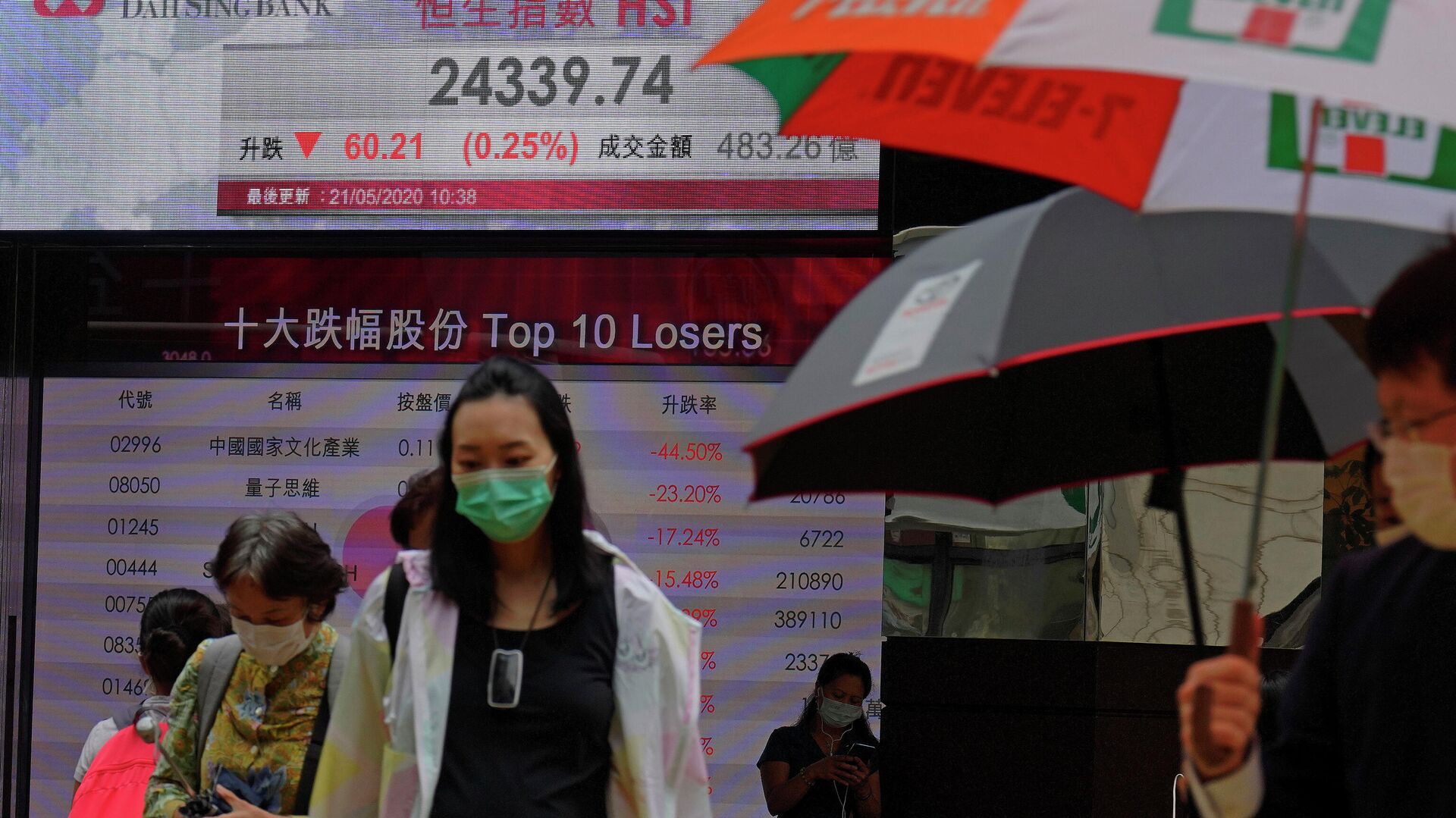 Люди проходят мимо табло с курсом индекса фондовой биржи Гонконга - РИА Новости, 1920, 26.05.2020