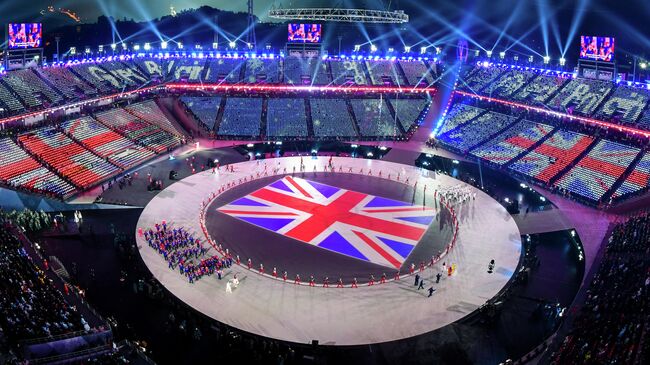 Great Britain's flag is seen during the opening ceremony of the Pyeongchang 2018 Winter Olympic Games at the Pyeongchang Stadium on February 9, 2018. (Photo by Franзois-Xavier MARIT / AFP)