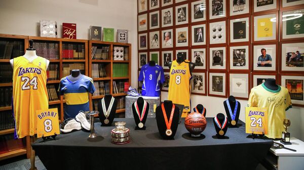 CULVER CITY, CALIFORNIA - MAY 18: Sports memorabilia is displayed at a press preview for sports legends featuring Kobe Bryant, FIFA and Olympic Medals at Juliens Auctions on May 18, 2020 in Culver City, California.   Rich Fury/Getty Images/AFP