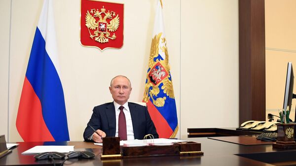 Президент России Владимир Путин во время встречи в режиме видеоконференции с главой МЧС Евгением Зиничевым