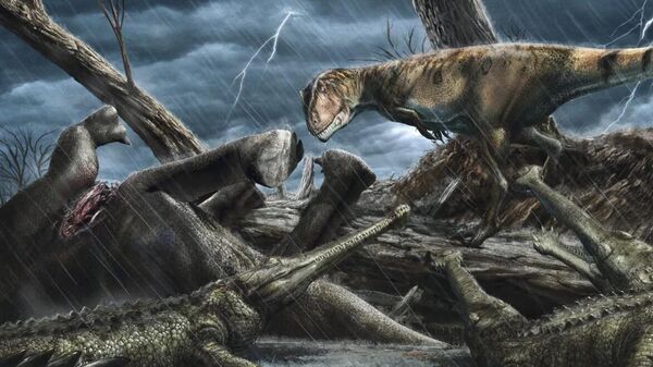 Гигантский кархародонтозавр (справа) высматривает элозухов около туши погибшего динозавра