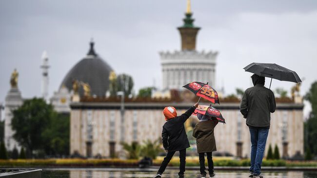 Прохожие гуляют на территории ВДНХ в Москве