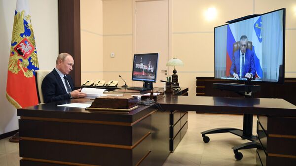 Президент РФ Владимир Путин во время встречи в режиме видеоконференции с губернатором Ленинградской области Александром Дрозденко