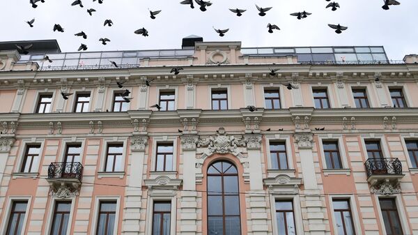 Стая голубей у здания на Тургеневской площади в Москве