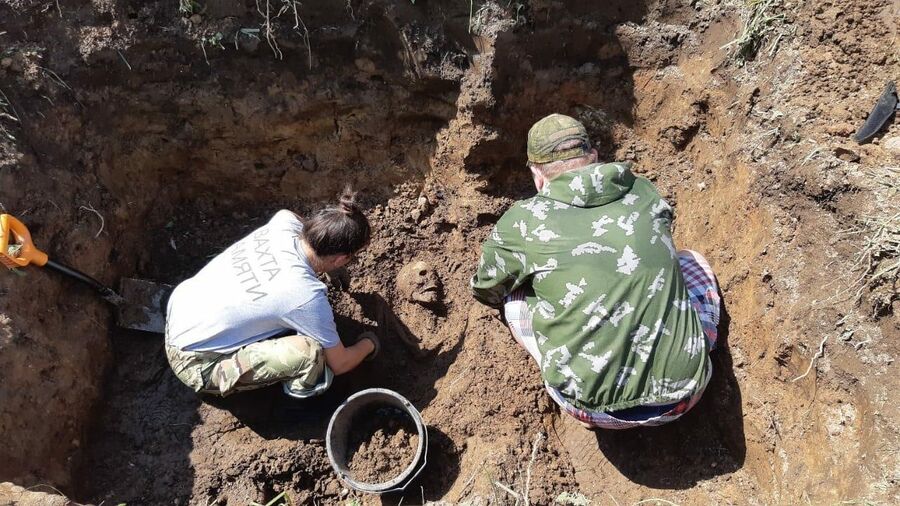 Участники поискового движения во время раскопок захоронения мирных жителей близ деревни Моглино Псковской области