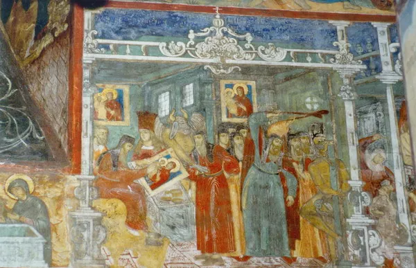 Алимпий Печерский, пишущий образ Богоматери и искушаемый дьяволом