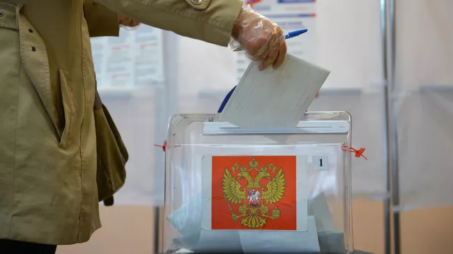 Женщина принимает участие в голосовании по внесению поправок в Конституцию РФ