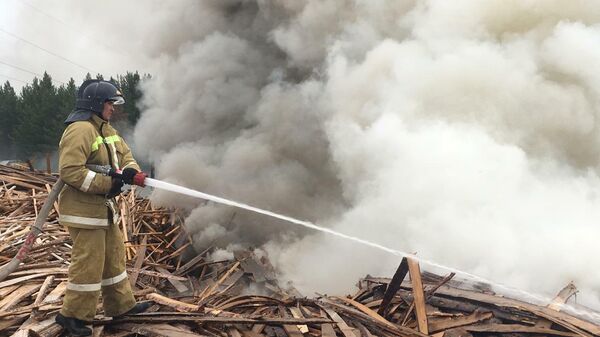 Сотрудники МЧС во время ликвидации пожара на деревообрабатывающем предприятии в Красноярском крае