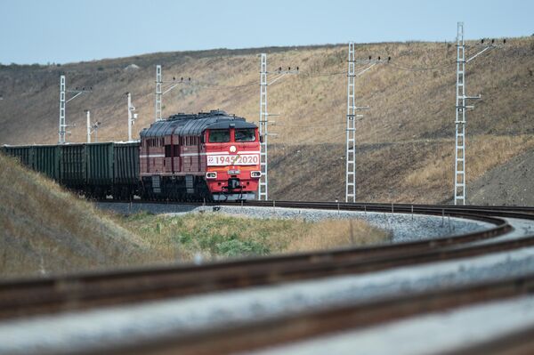 Грузовой состав на подъезде к Крымскому мосту