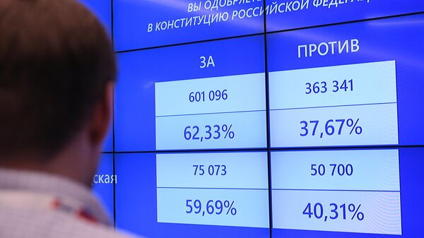 Результаты электронного голосования по вопросу одобрения изменений в Конституцию РФ на экране в Общественном штабе по контролю и наблюдению за голосованием в Москве