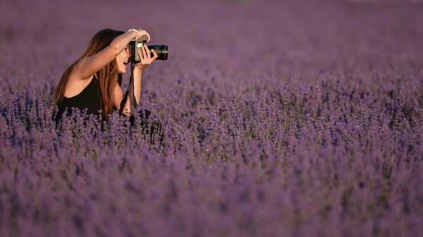 Девушка фотографирует на лавандовом поле в Крыму