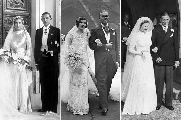 На фото: (слева): принцесса Мария де лас Мерседес Бурбон-Сицилийская с мужем принцем Хуаном, сыном короля Испании Альфонсо XIII, 12 октября 1935 года; (в центре) английская светская львица Нэнси Битон с мужем сэром Хью Смайли, 18 января 1933 года; (справа) мисс Дороти Мэри Деннис после свадьбы с Леном Хаттоном, крикетистом и капитаном сборной Англии, 16 сентября 1939 года. 