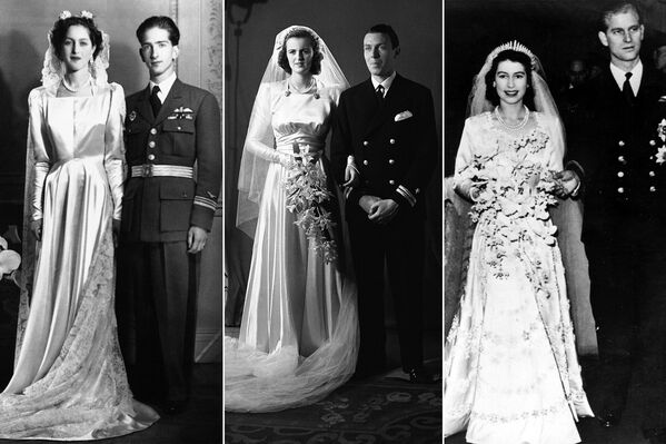 На фото: (слева) Александра, принцесса Греческая и Датская после свадебной церемонии с Петром II Карагеоргиевичем, последним королем Югославии, 20 марта 1944 года; (в центре) леди Сара Консуэло Спенсер-Черчилл с супругом лейтенантом Эдвином Расселом, 15 мая 1943 года; (справа) будущая королева Великобритании Елизавета II с мужем Филиппом, герцогом Эдинбургским, принцем Греческим и Датским, 20 ноября 1947 года. 