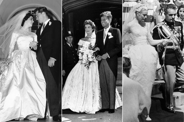 На фото: (слева) Элизабет Тейлор с Конрадом Хилтоном – младшим, 6 мая 1950 года; (в центре) Жаклин Кеннеди (Бувье) с будущим президентом США Джоном Фицджералдом Кеннеди, 12 сентября 1953 года; (справа) актриса Грейс Келли после свадьбы с князем Монако Ренье III, 19 апреля 1956 года. 