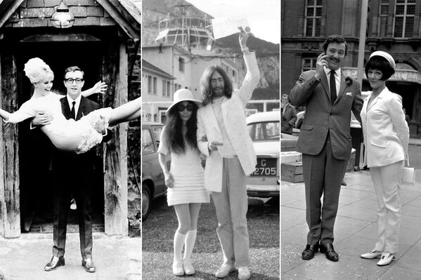 На фото: (слева) Шведская актриса Бритт Экланд с мужем британским актером Питером Селлерсом, 19 февраля 1964 года; (в центре) японская художница Йоко Оно после свадьбы с британским рок-музыкантом и участником группы The Beatles Джоном Ленноном, 20 марта 1969 года; (справа) английская актриса Аманда Барри с мужем актером Робином Хантером, 19 июня 1967 года. 