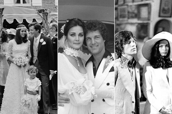 На фото: (слева) дочь итальянского аристократа Олимпия Альдобрандини после свадьбы с финансистом
Дэвидом де Ротшильдом, 29 июня 1974 года; (в центре) актриса Линда Картер с мужем продюсером Роном Сэмьюэлсом, 28 мая 1977 года; (справа) правозащитница Бьянка Перес-Мора Масиас во время бракосочетания с солистом британской рок-группы The Rolling Stones Миком Джаггером, 12 мая 1971 года. 