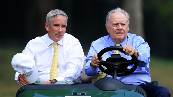 DUBLIN, OHIO - JULY 16: PGA Tour Commissioner Jay Monahan and Jack Nicklaus ride in a cart during the first round of The Memorial Tournament on July 16, 2020 at Muirfield Village Golf Club in Dublin, Ohio.   Sam Greenwood/Getty Images/AFP