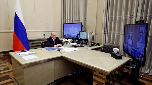 Председатель правительства РФ Михаил Мишустин в режиме видеоконференции проводит совещание о регулировании трансграничной электронной торговли