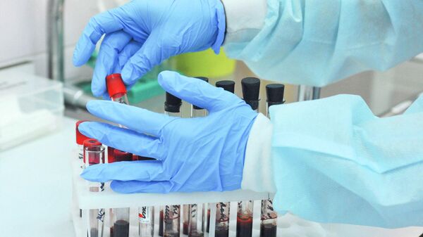 Лаборант иммунологического отдела Центра по профилактике и борьбе со СПИДом принимает биологический материал (кровь) для дальнейшего исследования