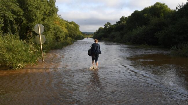 Женщина идет по затопленной паводком дороге в районе Уссурийска