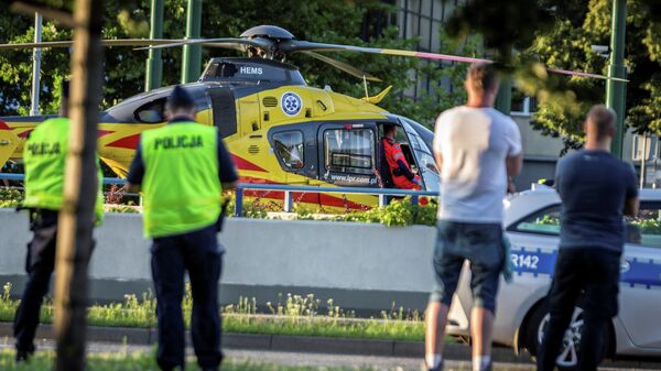 A rescue helicopter is seen on the site where Dutch cyclists Fabio Jakobsen and Dylan Groenewegen crashed, while at the finish line on stage one of the Tour de Pologne in Katowice, Poland August 5, 2020.  Grzegorz Celejewski/Agencja Gazeta/via REUTERS ATTENTION EDITORS - THIS IMAGE WAS PROVIDED BY A THIRD PARTY. POLAND OUT. NO COMMERCIAL OR EDITORIAL SALES IN POLAND.