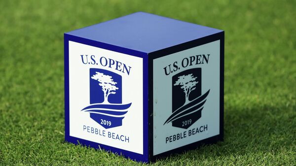 PEBBLE BEACH, CALIFORNIA - JUNE 10: A detailed view of a logo on a tee marker is seen during a practice round prior to the 2019 U.S. Open at Pebble Beach Golf Links on June 10, 2019 in Pebble Beach, California.   Andrew Redington/Getty Images/AFP