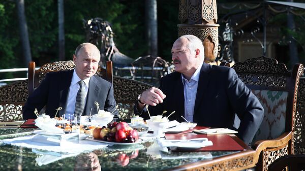 Президент РФ Владимир Путин и президент Белоруссии Александр Лукашенко во время встречи в Минске. 30 июня 2019