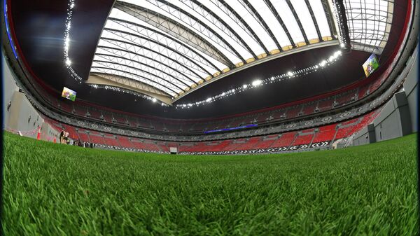 This picture taken with a fish-eye lens on December 17, 2019 shows a view from the pitch at Qatar's new al-Bayt Stadium in the capital Doha, which will host matches of the FIFA football World Cup 2022. (Photo by GIUSEPPE CACACE / AFP)