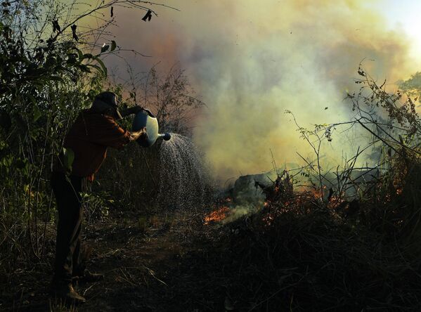 Фермер поливает водой участок земли рядом с горящим лесом Амазонии в Бразилии
