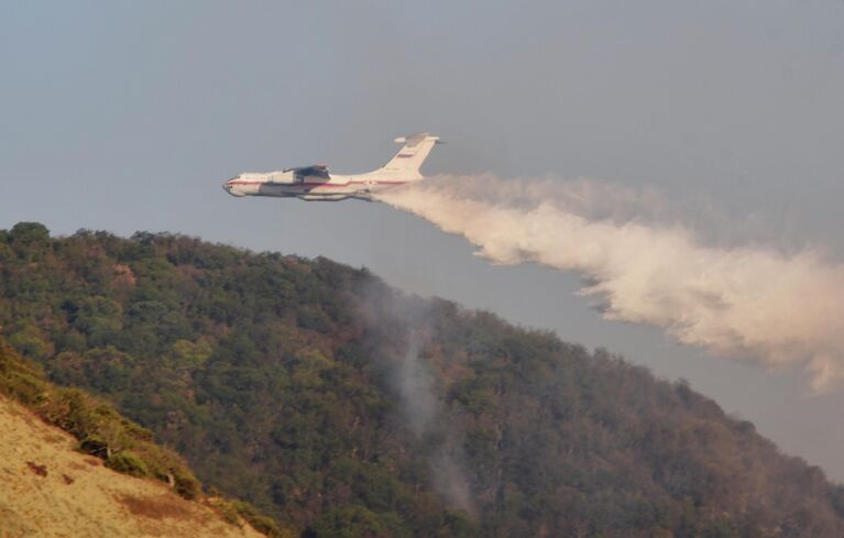 Самолет Ил-76ТДП Михаил Водопьянов МЧС России во время тушения лесных пожаров в заповеднике Утриш недалеко от Анапы