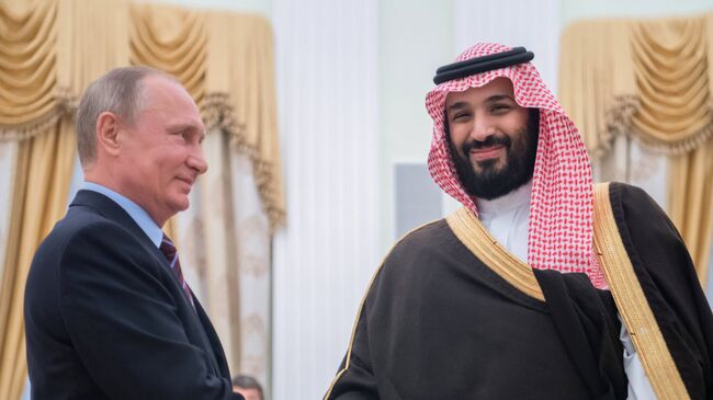 Президент РФ Владимир Путин и заместитель наследного принца, второй заместитель премьер-министра и министр обороны Саудовской Аравии Мухаммад ибн Салман Аль Сауд во время встречи. 30 мая 2017 
