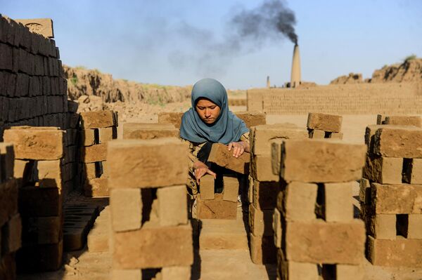 Девушка складывает кирпичи на фабрике в Герате, Афганистан 