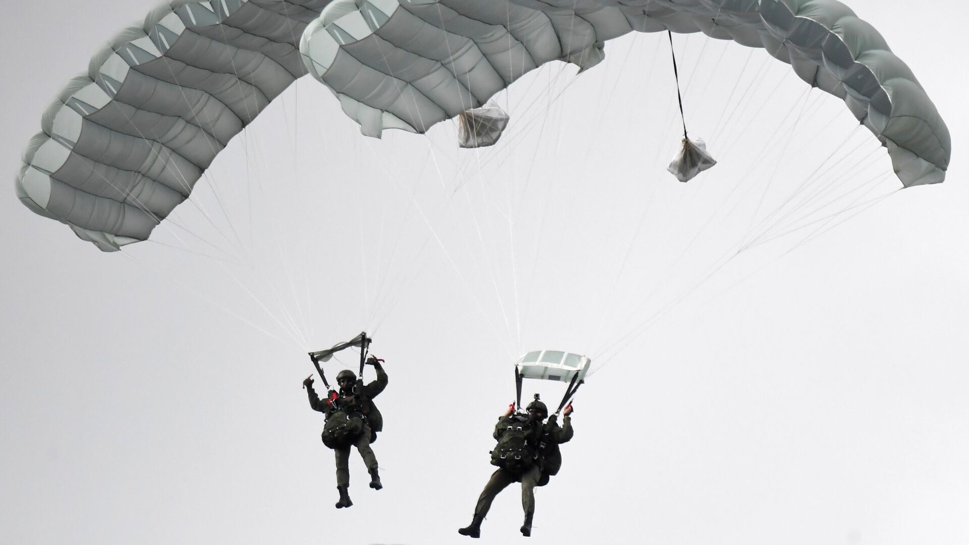 Высадка парашютистов во время динамического показа вооружений, военной и специальной техники мотострелковых войск в рамках МВТФ Армия-2020 в сухопутном кластере на полигоне Алабино  - РИА Новости, 1920, 08.09.2020