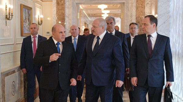 Председатель правительства РФ Михаил Мишустин, президент Белоруссии Александр Лукашенко и премьер-министр Белоруссии Роман Головченко 