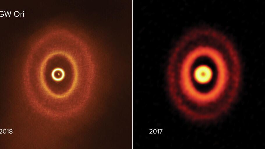 Изображения протопланетного диска тройной звездной системы GW Ориона, полученные радиотелексопом ALMA в 2018 и 2017 годах - РИА Новости, 1920, 03.09.2020