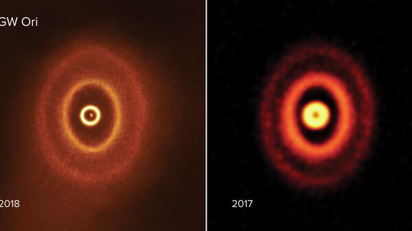 Изображения протопланетного диска тройной звездной системы GW Ориона, полученные радиотелексопом ALMA в 2018 и 2017 годах