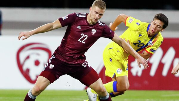 Игровой момент матча Лиги наций УЕФА Латвия - Андорра