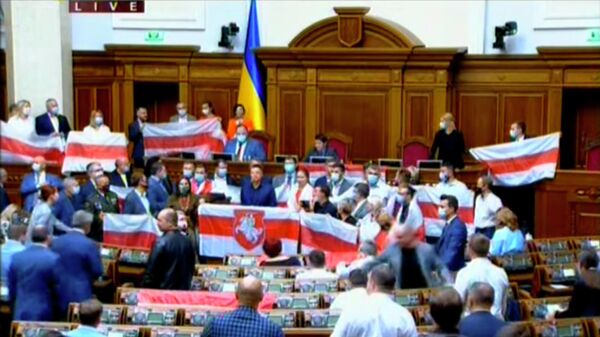 Депутаты Верховной рады Украины с флагами, используемыми белорусской оппозицией. Стоп-кадр видеотрансляции заседания