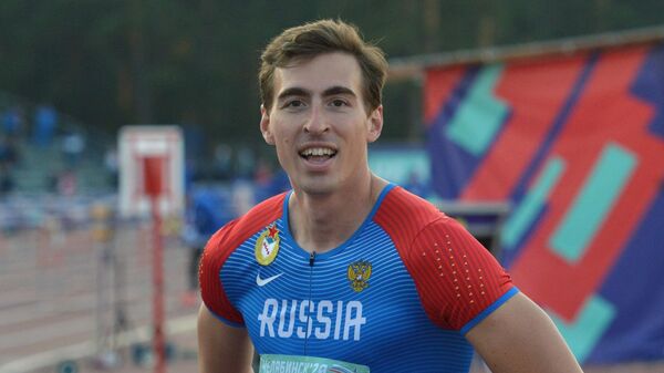 Сергей Шубенков после в забега на 110 метров с барьерами среди мужчин на чемпионате России по легкой атлетике в Челябинске.