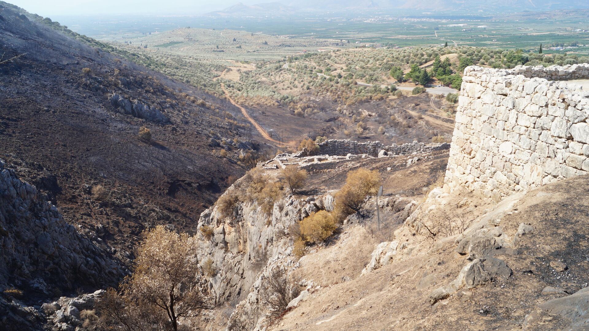 Последствия пожара на греческом полуострове Пелопоннес, на территории руин города Микены - РИА Новости, 1920, 21.06.2021