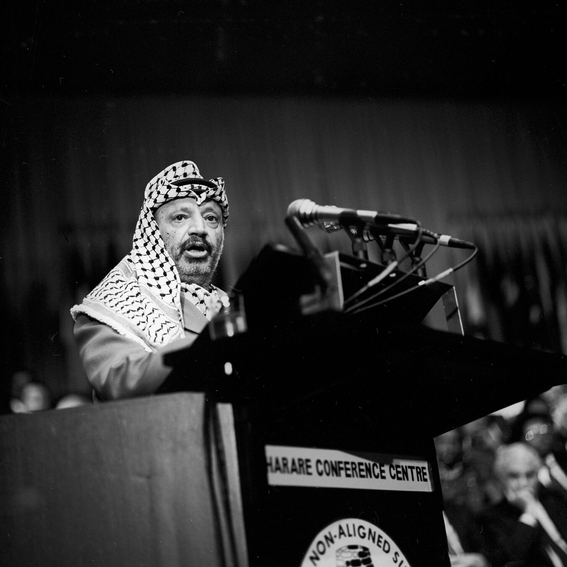 Председатель Исполнительного комитета Организации освобождения Палестины Ясир Арафат во время выступления на VIII Конференции глав государств и правительств неприсоединившихся стран, проходившей в городе Хараре - РИА Новости, 1920, 14.09.2020