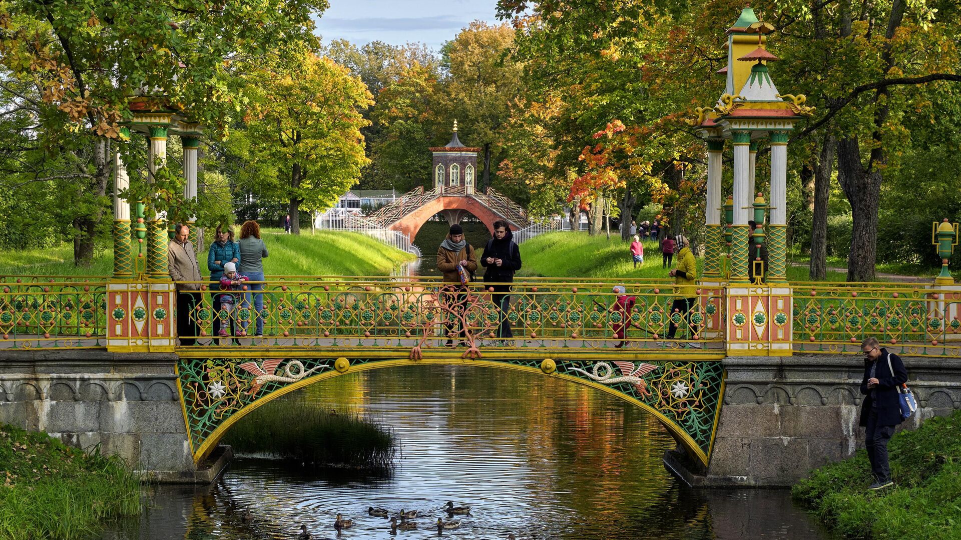 Молодые люди кормят уток с Китайского моста в Александровском парке в Пушкине - РИА Новости, 1920, 23.09.2020
