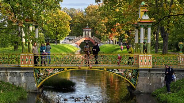 Молодые люди кормят уток с Китайского моста в Александровском парке в Пушкине