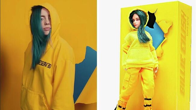 Скриншот клипа Billie Eilish Bad guy и игрушка в виде певицы