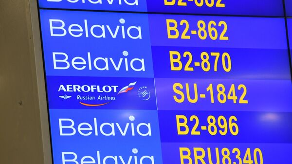 Пассажиры у стойки регистрации в национальном аэропорту Минск