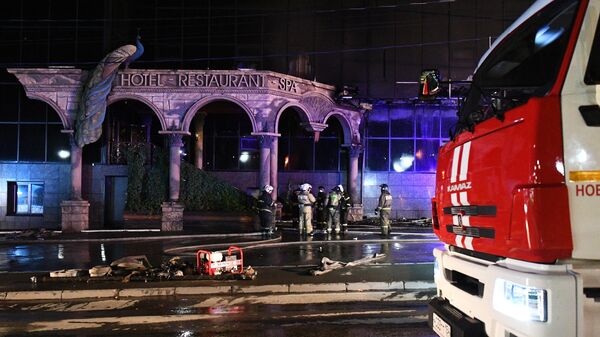 Пожарные во время тушения пожара в здании гостиничного комплекса Император в Новосибирске