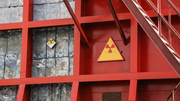 Знаки Радиация на саркофаге с опасными ядерными отходами. Архивное фото