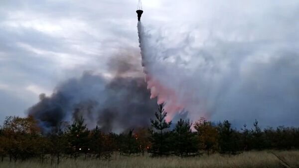 Вертолет КА-32 МЧС РФ во время тушения лесного пожара в Воронежской области