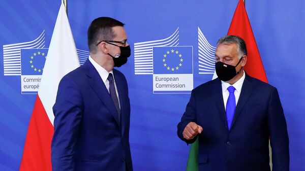 Премьер-министр Польши Матеуш Моравецки и премьер-министр Венгрии Виктор Орбан перед встречей с президентом Европейской комиссии в Брюсселе 
